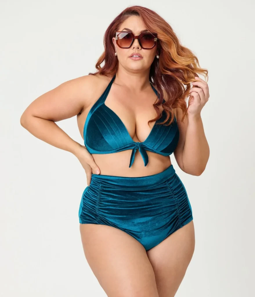 Unique Vintage Teal Velvet Monroe Bikini Top & Bottom