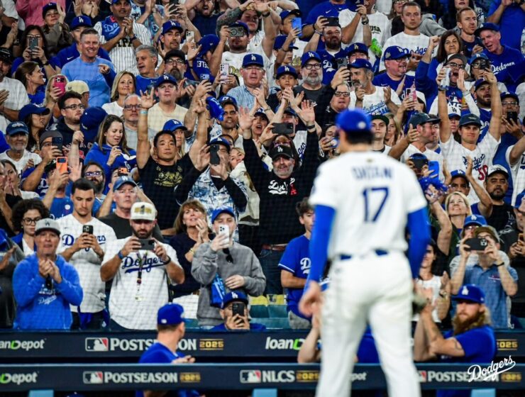 Shohei Ohtani faces the crowd at LA Dodgers game