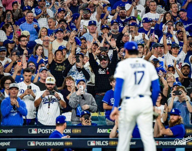 Shohei Ohtani faces the crowd at LA Dodgers game