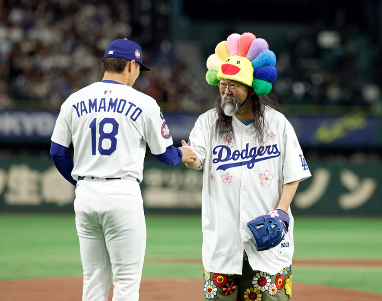 Dodgers Yoshinobu Yamamoto and artist Takashi Murakami at the Dodgers Japanese Heritage Night 2052