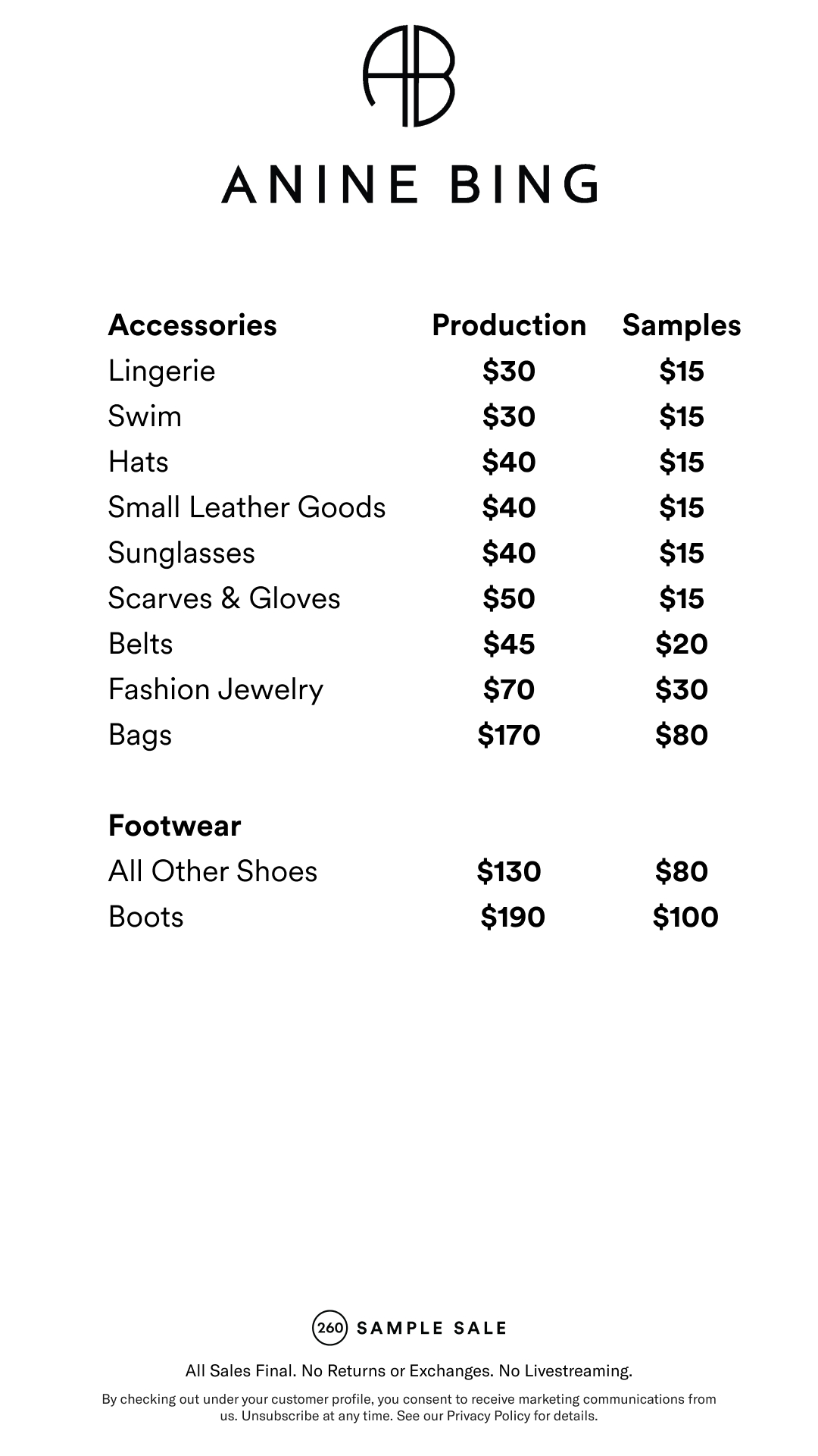 Anine Bing LA sample sale june 2026 accessories prices Anine Bing LA sample sale accessories june 2026 prices