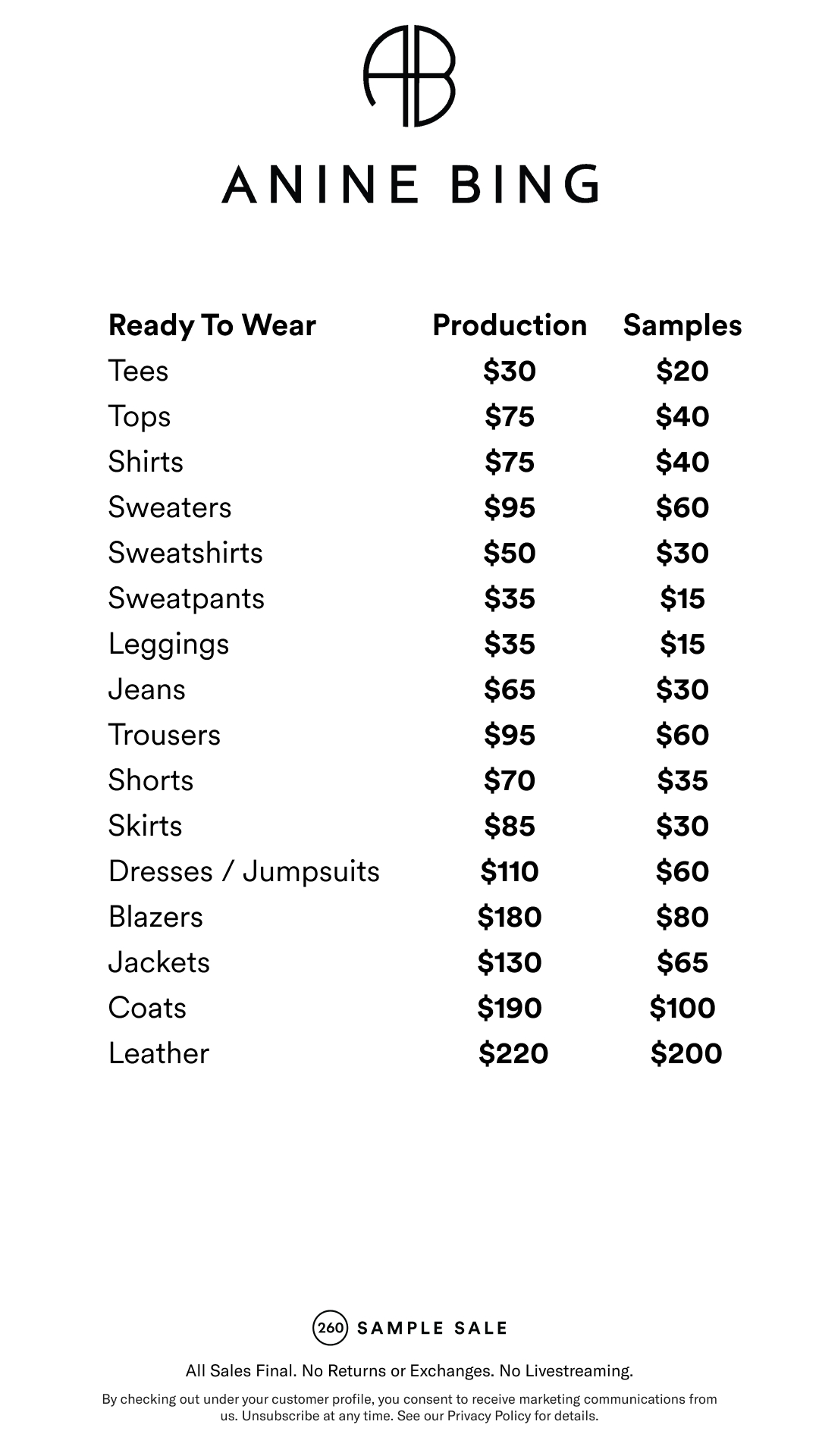Anine bing La sample sale prices june 2026 Anine Bing LA sample sale june 2026 prices